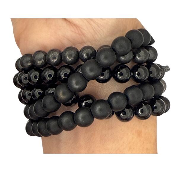 Glass, Shungite, Hematite Five Bracelet Set black, Orange, Blue Stacking Stretch - Picture 5 of 8